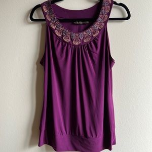 Purple sleeveless blouse with gold and silver embroidery embellishment